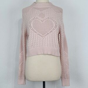 Womens Coquette Soft Girl Heart Sweater Sz S Open Cable Knit Pullover Pink